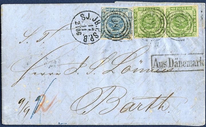 Letter sent from Copenhagen to Barth 17 November 1862 bearing a 2 sk. 1855 and pair of 8 sk. 1858-issue, both tied by duplex “181 - SJ.JB.P.SP.B. 2 TOG” alongside boxed “Aus Dänemark” with transit marks “KDOPA Hamburg”, 2-ring “HAMBURG” and two-ring “BAHNHOF-HAGENOW” on reverse. Rare combination.
