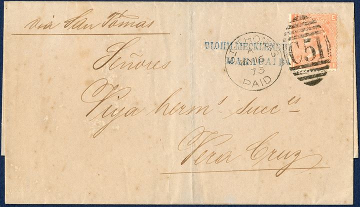 Letter from Maracaibo 30 April 1873 via St. Thomas 16 May to Vera Cruz, Mexico . British 4d plate 12 cancelled with clear and clean duplex  'C51 ST-THOMAS A / MY16 73 / PAID', routing instruction 'Via San Tomas'. From St. Thomas with RMSPC steamer 'EIDER' 17 May and arriving Vera Cruz 27 May. British packet 4d rate within Caribbean Sea.