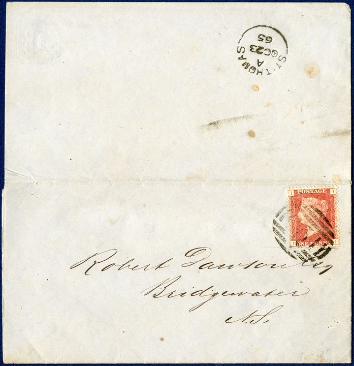 Printed matter from St. Thomas 23 October 1865 to Bridgewater, Nova Scotia, Canada. British 1d plate 74 cancelled with horizontal 'C51' St. Thomas, backstamped single-line arc 'ST. - THOMAS A /OC23 65' with code letter A. This postmark is extremely rare, four recorded examples in the DWI census, not listed in the publication 'GB Used Abroad: Cancellations and Postal markings by John Parmenter and Ken Gordon.