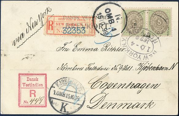 Registered postcard from Frederiksted 27 September 1899 to Copenhagen, Denmark. Pair 5 cents bicoloured IV printing cancelled with weak Frederiksted cds. Boxed 'Dansk / Vestindien / R No. 449' and New York registered exchange label '32353' and datestamp 4 October 1899. Copenhagen '15.10.99' receiving mark. 3 cents postcard rate 1.4.1879 - 31.12.1901 plus 7 cents registration fee 1.9.1877 - 31-12.1901, correct 10 cents rate. Registered postcards are rare.