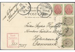 Registered postcard from Frederiksted 13 December 1899 to Copenhagen, Denmark. Pair 1 cent X printing inverted frame and 3-strip 5 cent IV printing, canceled with datestamp lapidar 'FREDERIKSTED 13.12.1899, registration mark 'Dansk Vestindien / R No. 663/7507' and stamped on arrival 'KJØBENHAVN 5.1.00 3-9E'. Routing instruction 'via St. Thomas & Hamburg'. Franked as a letter 10 cents UPU rate 1.9.1877 - 31.12.1901, registration fee 7 cents 1.9.1877 - 31.12.1905, total 17 cents. Rate for postcards only 3 cents.