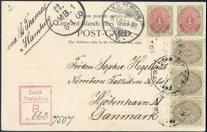 Registered postcard from Frederiksted 13 December 1899 to Copenhagen, Denmark. Pair 1 cent X printing inverted frame and 3-strip 5 cent IV printing, canceled with datestamp lapidar 'FREDERIKSTED 13.12.1899, registration mark 'Dansk Vestindien / R No. 663/7507' and stamped on arrival 'KJØBENHAVN 5.1.00 3-9E'. Routing instruction 'via St. Thomas & Hamburg'. Franked as a letter 10 cents UPU rate 1.9.1877 - 31.12.1901, registration fee 7 cents 1.9.1877 - 31.12.1905, total 17 cents. Rate for postcards only 3 cents.