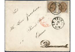 Letter from St. Thomas 14 August 1878 to Odense, Denmark. Franked with pair 10 cents I printing (horizontal crease in top of stamps), canceled with antiqua 'ST. THOMAS 14/8 1878' and transit stamped 'LONDON PAID' on front, although still a very rare early letter. UPU 10 cents double letter rate 20 cents 1.9.1877 - 31.12.1901.
