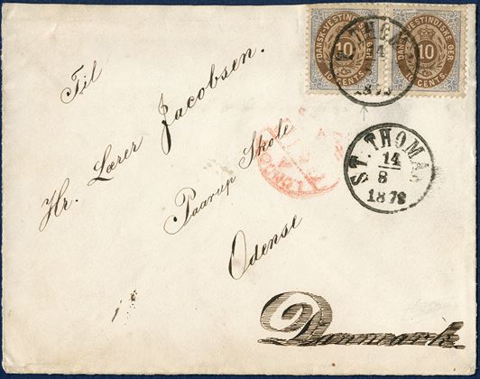 Letter from St. Thomas 14 August 1878 to Odense, Denmark. Franked with pair 10 cents I printing (horizontal crease in top of stamps), canceled with antiqua 'ST. THOMAS 14/8 1878' and transit stamped 'LONDON PAID' on front, although still a very rare early letter. UPU 10 cents double letter rate 20 cents 1.9.1877 - 31.12.1901.