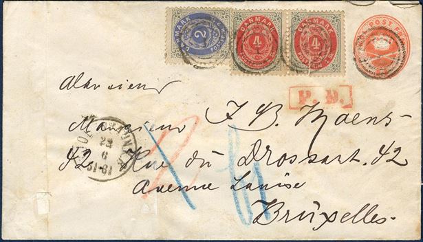 Postal 4 sk. stationery envelope sent from Copenhagen to Brussels 22 June 1872, additional franked with 2 sk. and two 4 sk. bicoloured issues, the 4 sk. originally attached as separated to the envelope. Rare usage to Belgium, besides it's also sent to the legendary Belgian Stamp dealer “J. B. Moens”