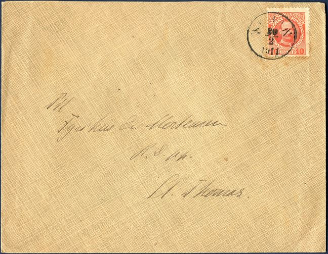 Local letter from St. Jan 20 February 1911 to St. Thomas. 10 BIT King Frederik VIII cancelled with ANT2 'ST. JAN 20/2 1911' and backstamped 'ST. THOMAS 20/2 1911'. 10 BIT local letter rate 1.4.1905 - 31.3.1917.