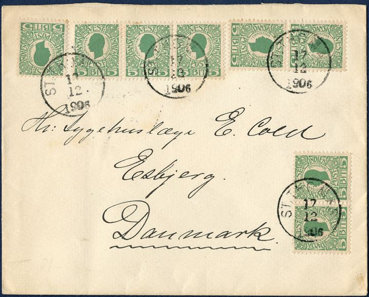 Letter from St. Thomas 17 December 1906 to Esbjerg, Denmark. A single, two pairs and a 3-strip 5 BIT green I. printing King Christian IX canceled with LAP 'ST. THOMAS 17/12 1906', plate flaw on lower right pair, with coloured dot below '5' on the right stamp. UPU letter rate 40 BIT from 15.7.1905 – (to Denmark) 30.9.1907, on 1.10.1907 Denmark rate was lowered to 30.9.1909, wheras UPU rate remained 40 BIT until 1.10.1909.