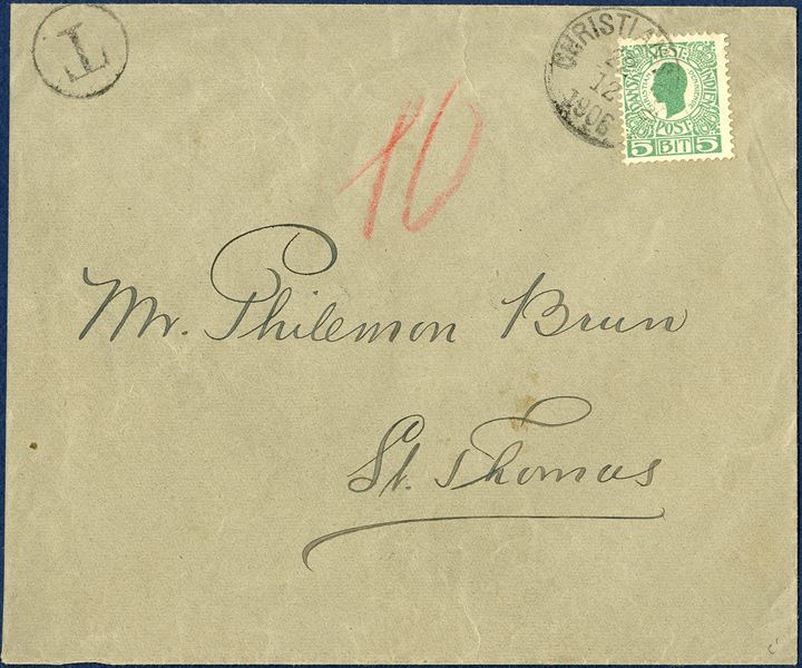 Local letter from Christiansted 22 December 1906 to St. Thomas. 5 BIT King Christian IX cancelled with cds ‘CHRISTIANSTED 22/12 1906’ LAP3. Domestic letter rate 10 BIT from 15.6.1905 – 31.3.1917, 5 BIT insufficiently franked, due double 5 BIT = 10 BIT charged and stamped circle ‘T’ on front. On reverse a pair of 5 BIT EFTERPORTO tied by cds ‘ST. THOMAS 23/12 1906’ LAP type. This being the only recorded LOCAL LETTER WITH EFTERPORTO stamps  used in payment for missing postage, thereby not taken into considering the relative large numbers of consignees letters that are known with due stamps. A great postal history rarity.