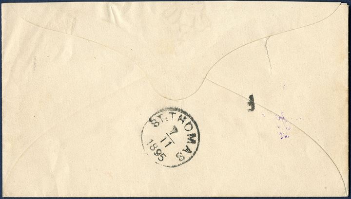 3 cents red-orange stationery envelope with watermark III (1893-94) cancelled with four-ring without dot in St. Thomas and backstamped origin mark 'F' Frederiksted and 'ST. THOMAS 7/11 1895'. 'F' Frederiksted is a scarce postmark.