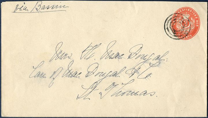 3 cents red-orange stationery envelope with watermark III (1893-94) cancelled with four-ring without dot in St. Thomas and backstamped origin mark 'F' Frederiksted and 'ST. THOMAS 7/11 1895'. 'F' Frederiksted is a scarce postmark.