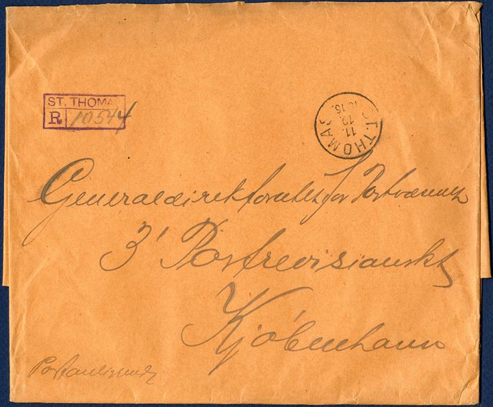 Folded parcel paper to make up for a letter on official matter from St. Thomas 11 October 1916 to General Office for the Postal Service in Copenhagen, noted on front ' Postanliggende ' (postal matters), and registration mark 'ST. THOMAS / R / 10544' and on reverse paper seal 'ST. THOMAS KGL. POSTKONTOR D.V.I.'. Being an official letter sent free of charge, such letters are almost non existent.