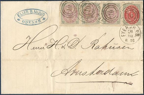 13 sk. letter sent from Odense to Amsterdam 26 October 1872 bearing a 3-strip 3 sk. and a 4 sk. bicoloured issue tied by railroad duplex mark “10” Fyen Jb.P.B.” and Amsterdam 12.10 arrival mark on reverse.