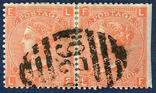'D26' Spanish Mail postmark on a pair of 4d plate 11 (1869), the postmark exists in two slightly different versions was delivered in March 1868 and is known used only from 14 April until 8 November 1868. One of two pairs recorded in DWI census.