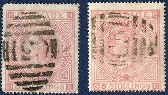 Queen Victoria, surface-printed, large white letters, 5 shilling rose, plate 1 and 2, cancelled with obliterator 'C51'. One stamp plate 1 in very fine condition, plate 2 with round corners.