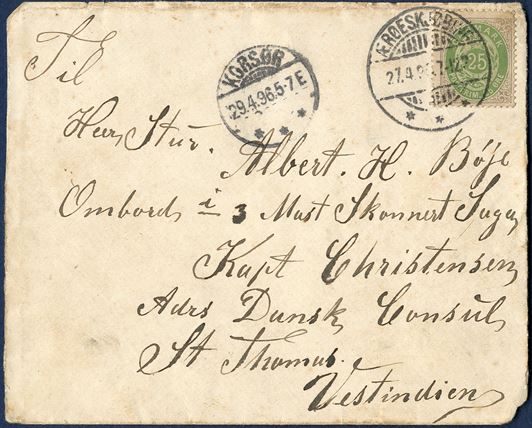 25 øre bicoloured IV printing on letter from Ærøskjøbing 27 April 1896 to a crew member onboard schooner 'SAGA' under address of the Danish Consular in St. Thomas. 25 øre rate to Danish West Indies with direct ship from Denmark, backstamped 'KORSØR 27.4.96' and departure mark on front 'KORSØR 29.4.96'. 25 øre rate with direct ship from 1.1.1875 - 31.12.1898.