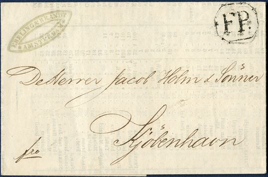 Prepaid Printed Market Report 4 February 1845 from Amsterdam to Copenhagen, Denmark. Senders cachet stamped on front 'EBELING & BRANDT / AMSTERDAM' and in Copenhagen handed in to the Copenhagen Foot Post and stamped octagonal 'FP' in black.