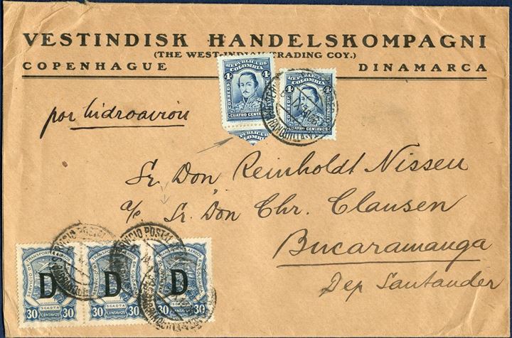 SCADTA Letter sent from Copenhagen to Columbia September 1926 bearing two Columbian 4C stamps and 3-strip of 30C with the Berlin overprint “D”. Very scarce combination with Columbian and SCADTA stamps used on letter sent from Denmark.