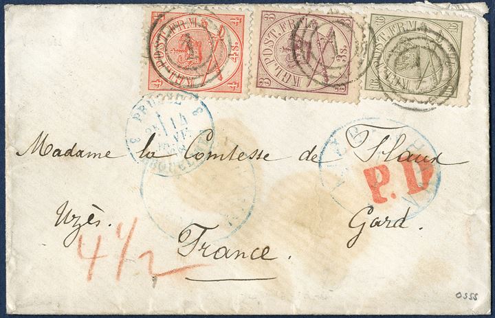 Letter from Copenhagen 11 January 1868 to Uzès, France. 3, 4 and 16 sk. Crown-Scepter-Sword issue cancelled with numeral '1' Copenhagen alongside 'KIØBENHAVN 11/1',, 'PRUSSE 3 - EREQUELINES 14 / JANV 68', backstamped Hamburg and receiption mark. 23 skilling rate (0-7 1/2 gram) from 1.8.1865 - 31.1.1868.