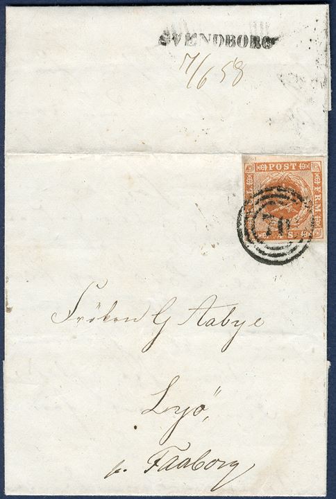 Letter from Svendborg 7 June 1858 to the small island Lyø just outside Faaborg. 4 Sk. 1854 cancelled with numeral '70' Svendborg, backstamped with straightline mark 'SVENDBORG' LIN-2, and manuscript '7/6 1858'. Only recorded example of this 1-line mark.