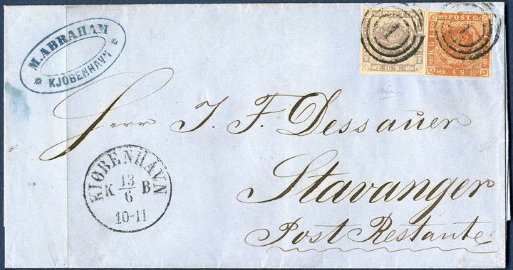 Poste Restante from Copenhagen 13 June 1860 to Stavanger, Norway. Franked with 16 sk. 1857 and 4 sk. 1854 dotted spandrels, cancelled with numeral '1' Copenhagen alongside 'KIØBENHAVN KB 13/6 10-11', backstamped 'SANDØSUND 14/6 1860. 20 sk. is paying the letter rate to Norway by steamer from 26.3.1860 - 30.9.1865. Through Sweden it would have been 24 sk.. Poste Restante letters are scarce.