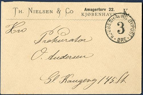 Franko-Mark 'KJØBENHAVNS BYPOST 3 ØRE' stamped on business envelope from Th. Nielsen & CO., Amagertorv 22, KBH K. 