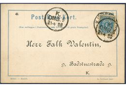 Copenhagen “Fri-Correspondance” with pre-printed addressee Falk Valentin “No. 41.”sent 21 April 1888, stamped and affixed with a 4 øre bicolored paid by the addressee for order of '3 Tdr. Gas-Cokes'. Rare.