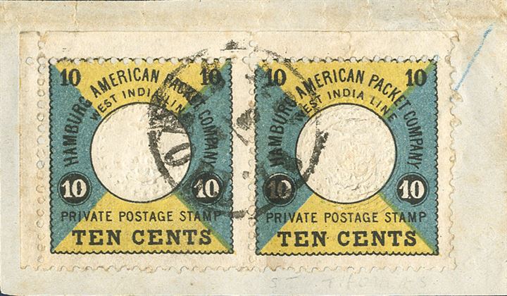 TEN CENTS HAPAG margin pair on piece with triple embossing of the white center on the stamp to the right in a pair with a normal embossed example, a world rarity of a private steam ship stamps. Double embossing is recorded in the literature, although a triple embossing a first time and what's add to the allure of the stamp is the combination of normal and triple embossing shown in pair, from pos. 1 and 2 in the sheet with full corner margin, on piece, cancelled with Danish West Indies 'ST. THOMAS 2/8 1875.