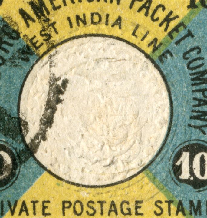 TEN CENTS HAPAG margin pair on piece with triple embossing of the white center on the stamp to the right in a pair with a normal embossed example, a world rarity of a private steam ship stamps. Double embossing is recorded in the literature, although a triple embossing a first time and what's add to the allure of the stamp is the combination of normal and triple embossing shown in pair, from pos. 1 and 2 in the sheet with full corner margin, on piece, cancelled with Danish West Indies 'ST. THOMAS 2/8 1875.