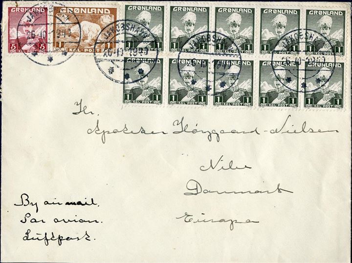 Air mail letter sent from Greenland to Denmark 26 October 1940 via USA-Lissabon, German censorship Frankfurt (Hopballe label 34.03), bearing a block of 10 of 1 øre stamps, 5 øre and 1 kr. Polar Bear, overpaying the letter with 10 øre.