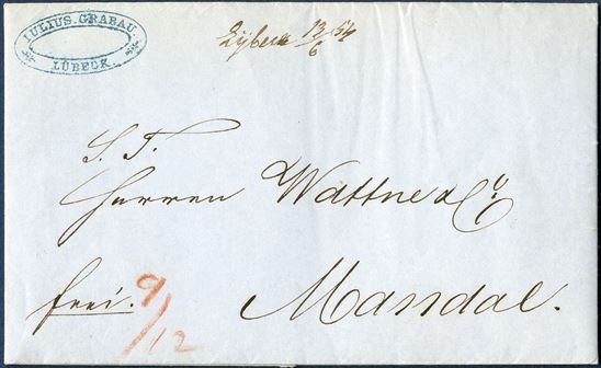 Prepaid letter from Lübeck 13 June 1854 to Mandal, Norway. Manuscript 'Lÿbeck 13/6 54', a manuscript I have not found in ARGE.