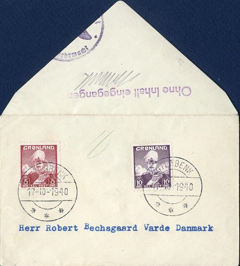 Surface letter sent from Ritenbenk to Varde 17 October 1940 bearing 5 and 10 øre Kings issue tied by Ritenbenk CDS. 20 øre letter rate underfranked by 5 øre, postage due double and 10 øre marked on the front. German censorship and line mark “Ohne Inhalt eingegangen”. Philatelic item.