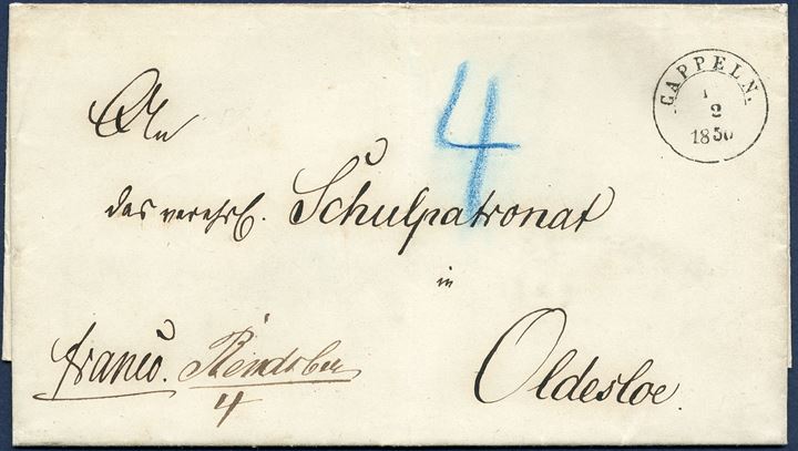 Letter from Cappeln 1 February 1850 via Rendsburg to Oldesloe. Stamped 1 1/2-ring 'CAPPELN 1/2 1850'. Cappeln-Rendsburg double letter (1-2 loth) 5-10 Meilen = 2x 2 Sch.Crt. (4) paid and from Rendsburg-Oldesloe 5-10 Meilen= 2x 2 Sch.Crt due by addressee (Postal rate 1.1.1849.) Amtsblatt Nr. 24 from 16.12.1849, postage to be prepaid to Rendsburg. Betweeen Denmark and Schleswig 1.9.1849 and between Holsten and Denmark/Schleswig open for mailservice open from 4 September 1849 (Cours Circulaire 25/1849).