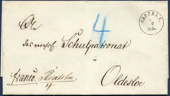 Letter from Cappeln 1 February 1850 via Rendsburg to Oldesloe. Stamped 1 1/2-ring 'CAPPELN 1/2 1850'. Cappeln-Rendsburg double letter (1-2 loth) 5-10 Meilen = 2x 2 Sch.Crt. (4) paid and from Rendsburg-Oldesloe 5-10 Meilen= 2x 2 Sch.Crt due by addressee (Postal rate 1.1.1849.) Amtsblatt Nr. 24 from 16.12.1849, postage to be prepaid to Rendsburg. Betweeen Denmark and Schleswig 1.9.1849 and between Holsten and Denmark/Schleswig open for mailservice open from 4 September 1849 (Cours Circulaire 25/1849).