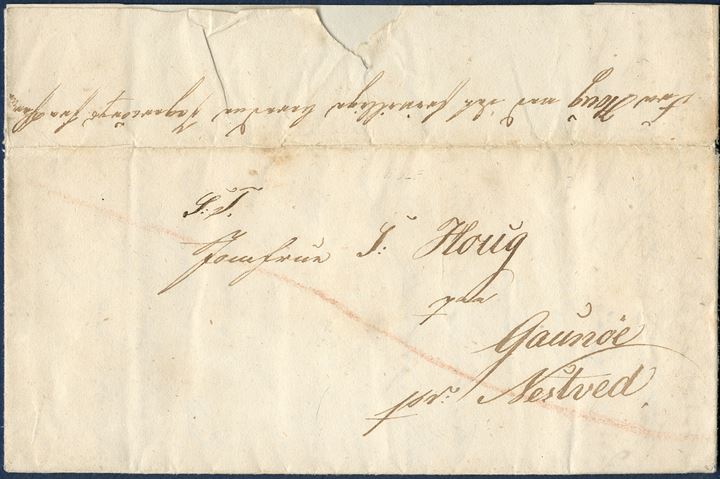 Soldier's letter from Daugaard ved Vejle 22 July 1848 to Gavnø, pr. Næstved. On the back manuscript 'Fra Houg ved det frivillige beredne Jægercorps fra Daugg.' Red crayon across on the front, a postal control mark to check the letters in the bundle sent as Fieldpost.