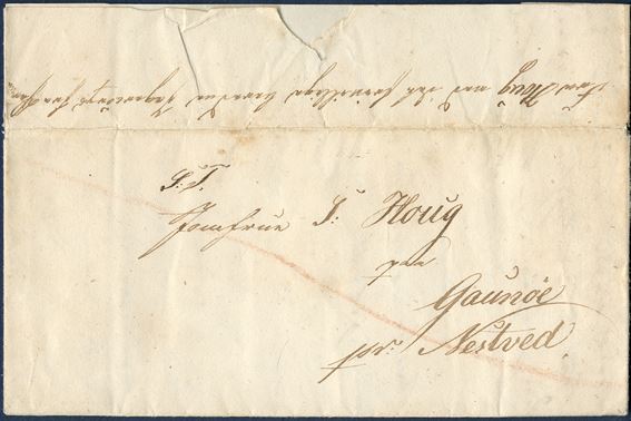 Soldier's letter from Daugaard ved Vejle 22 July 1848 to Gavnø, pr. Næstved. On the back manuscript 'Fra Houg ved det frivillige beredne Jægercorps fra Daugg.' Red crayon across on the front, a postal control mark to check the letters in the bundle sent as Fieldpost.