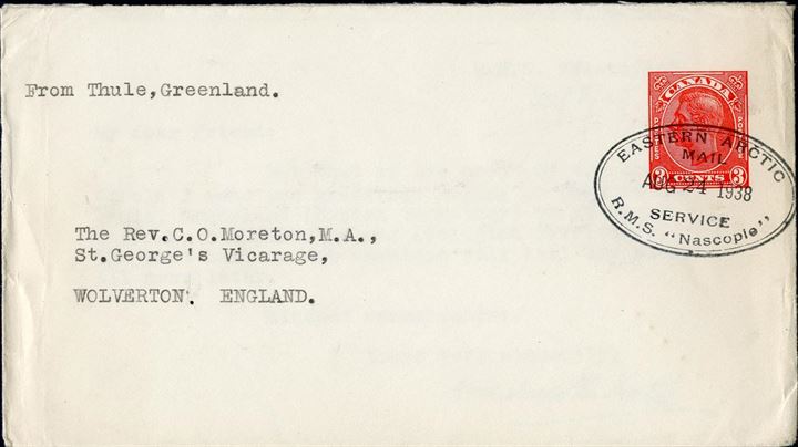 Canadian 3c stationery written in Thule, Greenland aboard the “Eastern Arctic - Mail Service - R.M.S. “Nascopie - AUG 24 1938” cachet stamped on the 3c Canadian stamp and sent to England, and with the card written inside. Rare example of a Canadian stamp used in Greenland. 