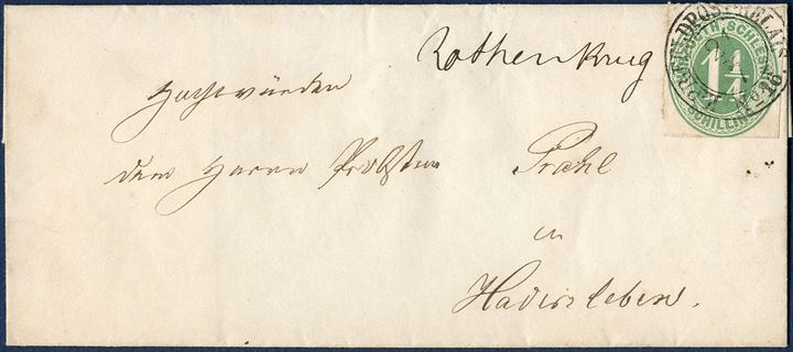 Lettersheet from Rothenkrug 21 July 1864 to Hadersleben, in the Duchy of Schleswig. 1 1/4 Schilling HERZOGTH-SCHLESWIG green and cancelled with postmark from the occupying Prussian forces 'K:PR:FELDPOST-RELAIS No. 16.' Only recorded town manuscript 'Rothenkrug' and only recorded example of 'K:PR:FELDPOST-RELAIS No. 16.', furhtermore here used as a extremely rare cancelling of a postage stamp.