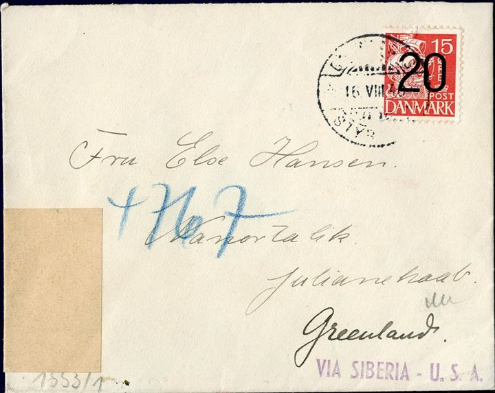 Letter sent from “Grønlands Styrelse” in Copenhagen 16 August 1940 to Julianehaab bearing a 20/15 øre provisional tied by the “Grønlands Styrelse” CDS. With Berlin censorship and most likely went via Siberia. Marked on the front “VIA SIBERIA - U.S.A.”. RARE LETTER sent from the administration in Copenhagen.
