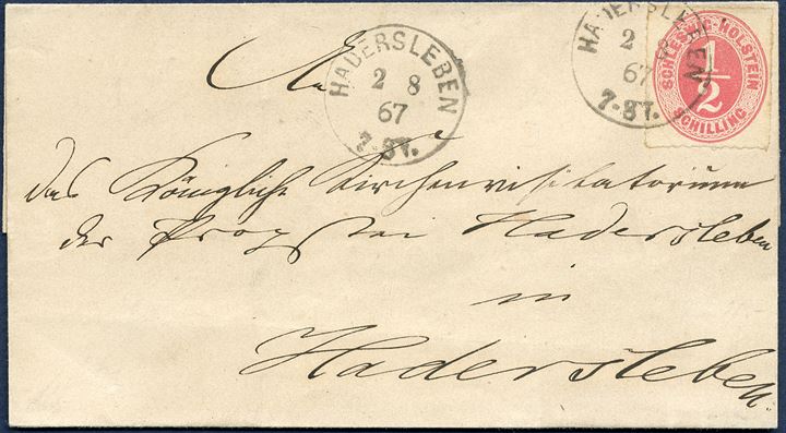 Local letter sent within Hadersleben 2 August 1867. 1/2 Sch. SCHLESWIG-HOLSTEIN rose cancelled with Prussian 1-ring 'HADERSLEBEN 2/8 67 7-8V. Local letters are scarce and this letter is in outstanding quality.