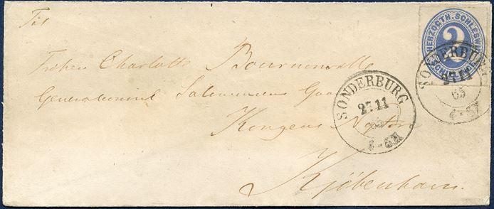 Lettersheet Sonderburg 27 November 1865 to Copenhagen, Denmark. 2 Schilling HERZOGTH-SCHLESWIG  grey-ultramarine cancelled with Prussian two-ring 'SONDERBURG 27/11 65 4-5N'. Backstamped 'HADERSLEBEN 28/11 65', 'KOLDING 28/11' and 'KIØBENHAVN 29/11'. The rate to Denmark after 1.8.1865 was 2 Sch. Blue ink cross under the stamp noting that postage was paid in cash to a rural mail carrier.
