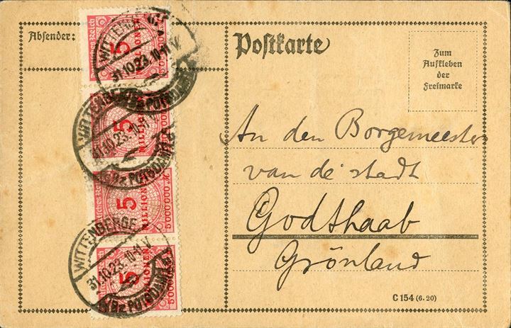Postcard sent from Wittenberge (Potsdam) 31 October 1923 to Godthaab bearing fur 5 MILLIONEN inflation stamps tied by Wittenberge CDS. Rare destination for an infla cover.