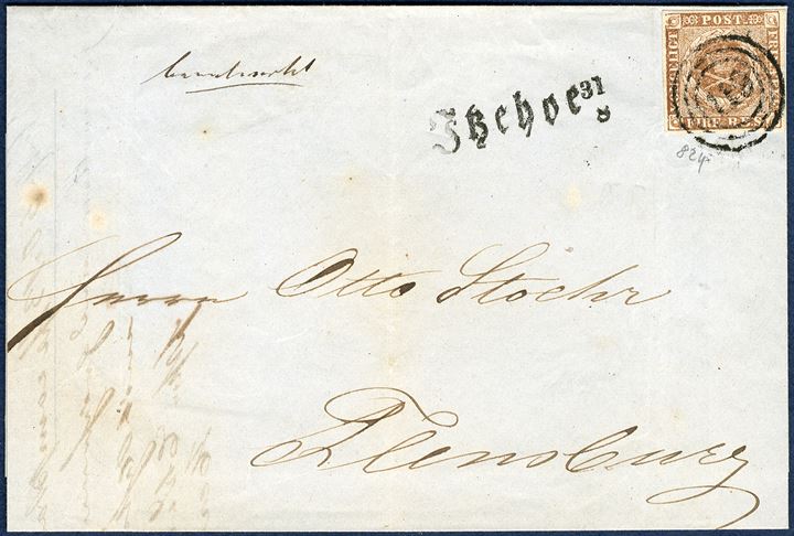 Letter from Itzehoe 31 August 1854 to Flensburg. 4 RBS Thiele III olivebrown tied by numeral cancellation '19' alongside provisional straight-line mark 'Itzehoe 31/8' known from 21.8 - 6.9 1854. A clean strike of a very rare postmark.