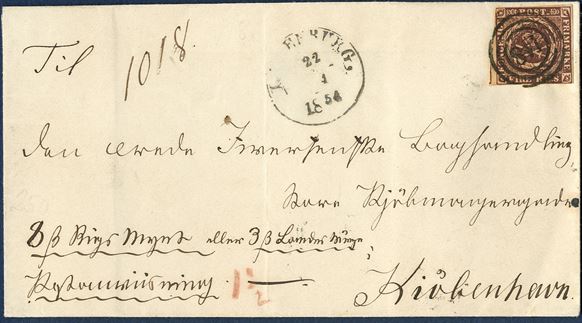 Money Order from Lauenburg 22 April 1854 to Copenhagen. 4 BRS Thiele II blackbrown tied by numeral '148' alongside cds 'LAUENBURG 22/4 1854'. 'Moneyorder for '8ß Rigsmynt oder 3ß Landesmünze', letter rate 4 RBS and fee ' 1 1/2 Sch. L.M.' red crayon ' 1 1/2 ' paid in cash. A rare and unusual letter from the Duchy of Lauenburg, stamp witih narrow margins in some place, although an attractive looking cover.