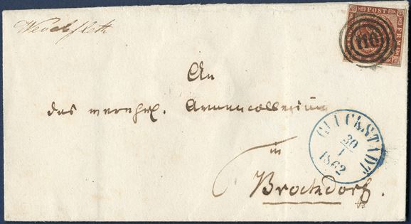 Letter from Glückstadt 30 January 1862 to Brockdorf. 4 sk. 1858 wavy-line, 4. printing, margin above slightly cut, cancelled with numeral '116' alongside cds in blue 'GLÜCKSTADT 30/1 1862'. Town manuscript 'Wevelsfleth' known from 1862-1867, rarely seen on letters in combination with 4 sk. danish stamp. 