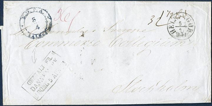 Unpaid letter from Aalborg via Helsingør 3 April 1851 to Stockholm, with K.D.P.A. AALBORG 3/4  ANTIa-U,  blue ink not recorded by Vagn Jensen after 1 april 1851, presumably blue ink used since blue ink pad's were supplied for the cancellation of the 4 RBS adhesive, blue ink only in use until 7 April 1851. Transitmark HELSINGØR 5/4 1851. Charged 36S Skilling Swedish.