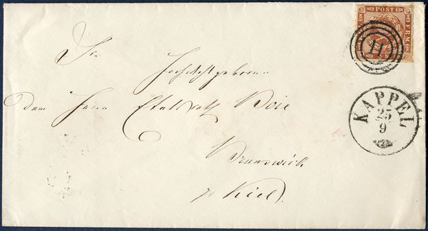 Letter from Kappel 25 September 1863 to Brunswick, Kiel. 4 sk. 1863 roulletted cancelled with numeral '11' alongside cds 'KAPPEL 25/9'. Backstamped 'ECKERNFÖRDE 25/9' and 'KIEL 25/9'.