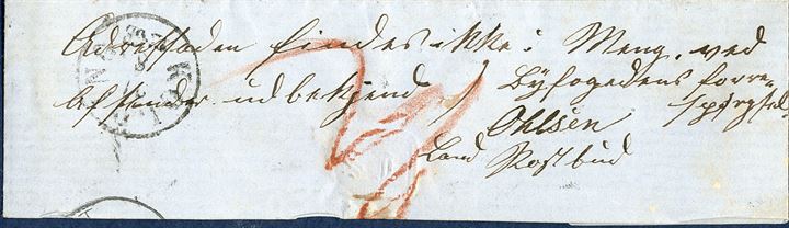 BORDER RATE LETTER from Kolding 18 August 1869 to Meng By, Aller parish, east of Christiansfeld. 4 sk. 1864 crown-scepter-sword cancelled with numeral '36' alongside 'KOLDING 18/8'. The rural mail carrier writes on the back that the addressee is not known in Meng and return the letter, with his signature 'Ohlsen, Land Postbud'. Manuscript blue ink '21/8 retour' and stamped Prussian two-ring 'CHRISTIANSFELD 21/8 69 8-9V' and reception mark Kolding 21/8. Rural fee '2/1' red crayon. A very rare example of a returned border rate letter.