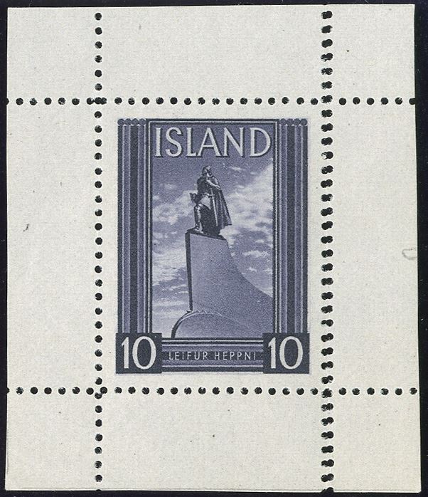 Leifr Eiricssons Day 1938, 10 (aur) LEIFFUR HEPPNI grey-lilac with full margins on all 4 sides, perforated, double perforation on right side. Halftone recess printing by Staatsdruckerei, Wien. As small single stamp sheet extremely rare.