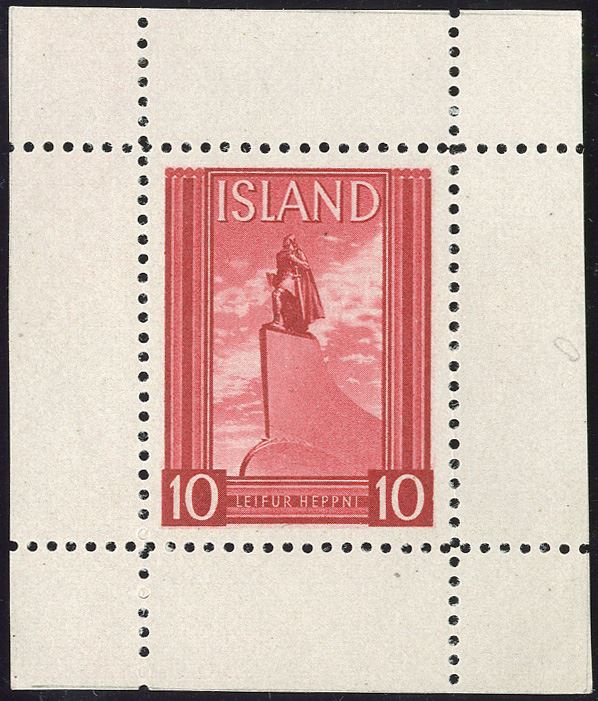 Leifr Eiricssons Day 1938, 10 (aur) LEIFUR HEPPNI red with full margins on all 4 sides, perforated. Halftone recess printing by Staatsdruckerei, Wien. As small single stamp sheet extremely rare.