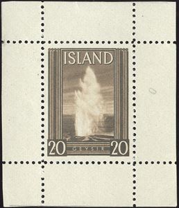 Leifr Eiricssons Day 1938, 20 (aur) GEYSIR dark brown with full margins on all 4 sides, perforated. Halftone recess printing by Staatsdruckerei, Wien. As small single stamp sheet extremely rare.